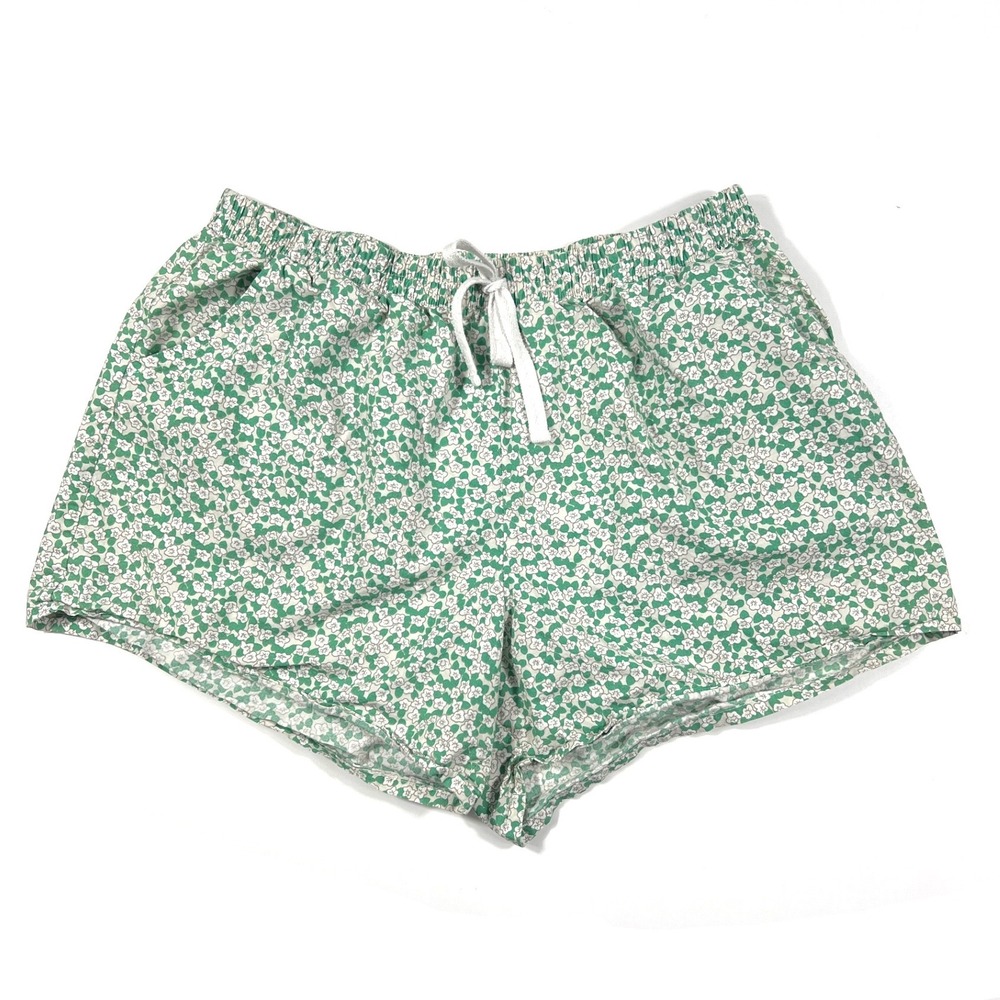 VERA Green White Floral 100% Cotton Sleep Shorts Elastic Waist Pockets Small EUC